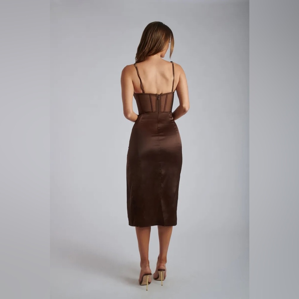 Meshki Brown Satin Corset Dress Bodycon Midi Thigh Slit Sexy Night Out Size M - Picture 9 of 16